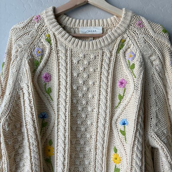 The Great. Sweater Floral Embroidered Cable Knit Pullover Sweater Cream Size 1/S - Picture 5 of 9